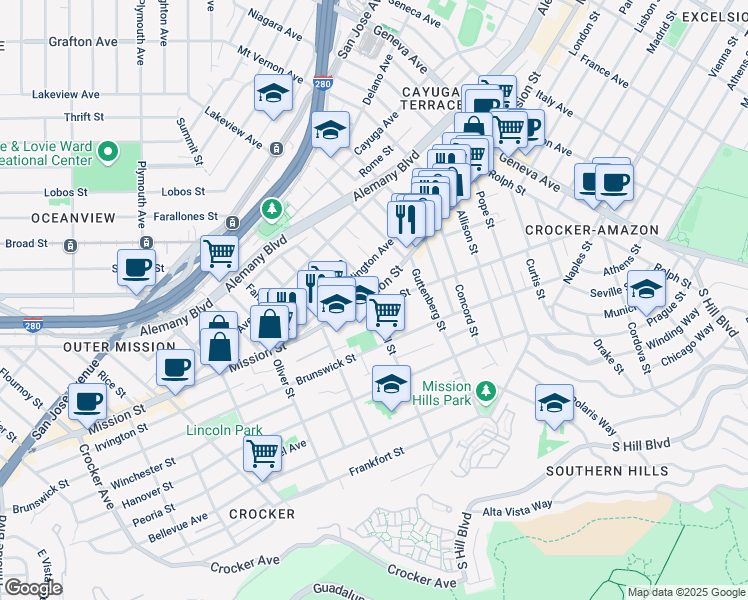 map of restaurants, bars, coffee shops, grocery stores, and more near in San Francisco
