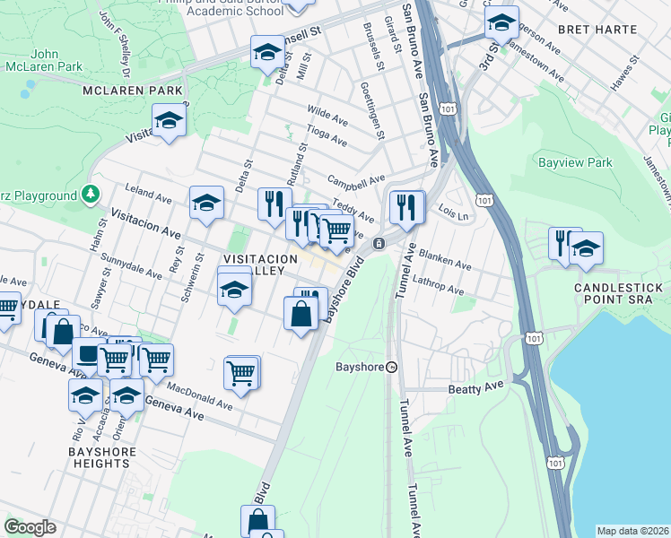 map of restaurants, bars, coffee shops, grocery stores, and more near 35 Leland Avenue in San Francisco