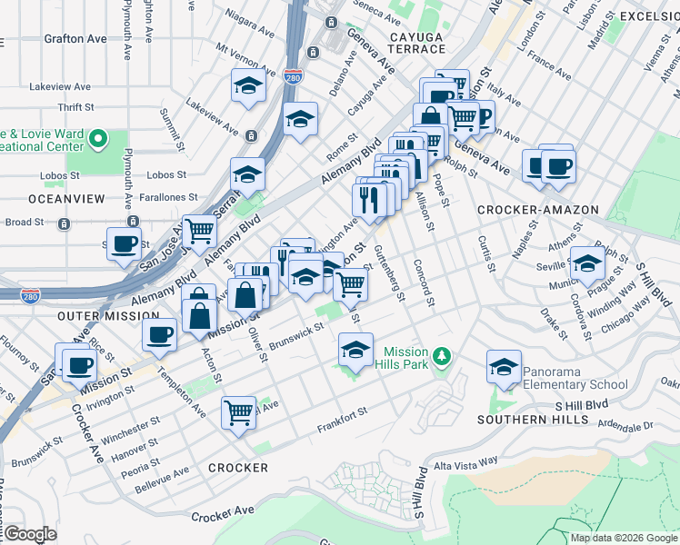 map of restaurants, bars, coffee shops, grocery stores, and more near 1 Lowell Street in San Francisco