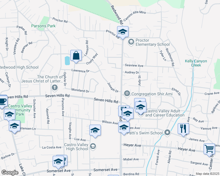 map of restaurants, bars, coffee shops, grocery stores, and more near 18425 Joseph Drive in Castro Valley