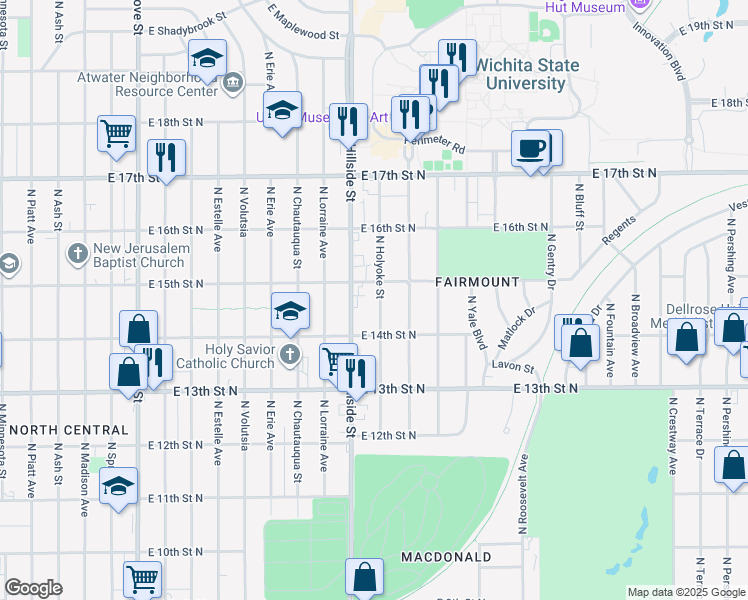 map of restaurants, bars, coffee shops, grocery stores, and more near 1548 North Holyoke Street in Wichita