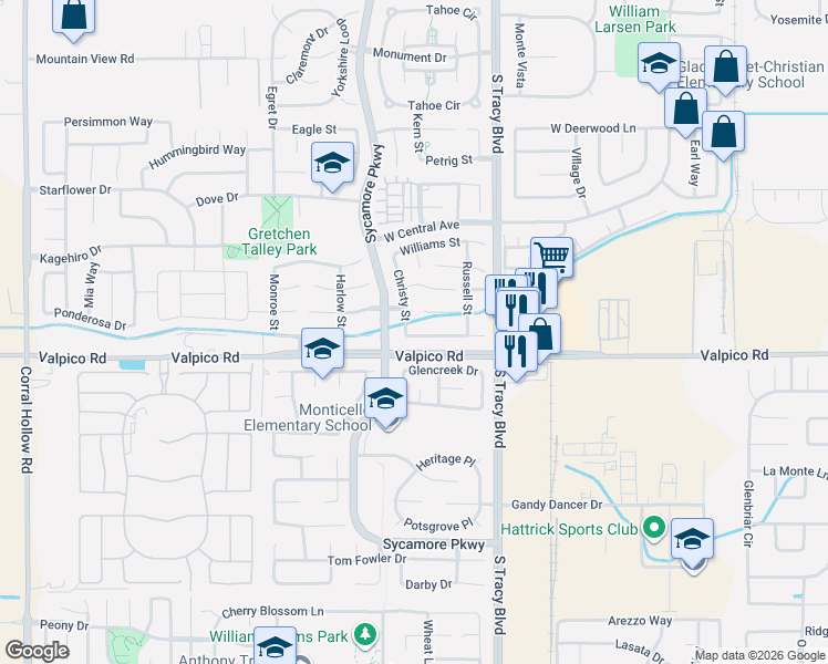 map of restaurants, bars, coffee shops, grocery stores, and more near 2665 Christy Street in Tracy