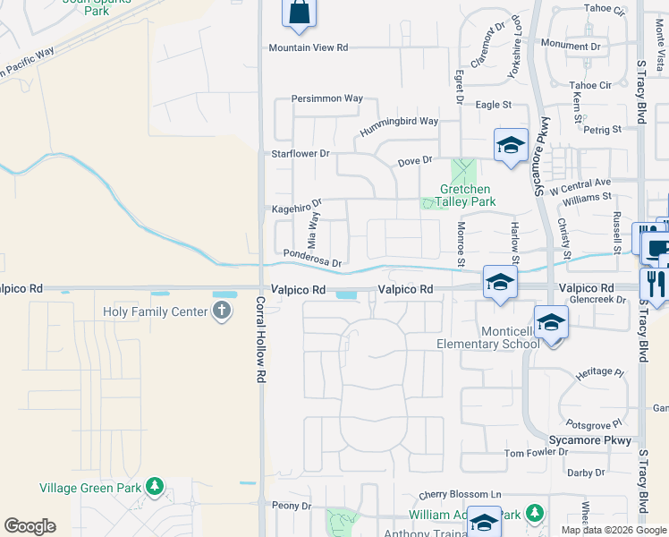 map of restaurants, bars, coffee shops, grocery stores, and more near 2619 Aurora Astorga Drive in Tracy