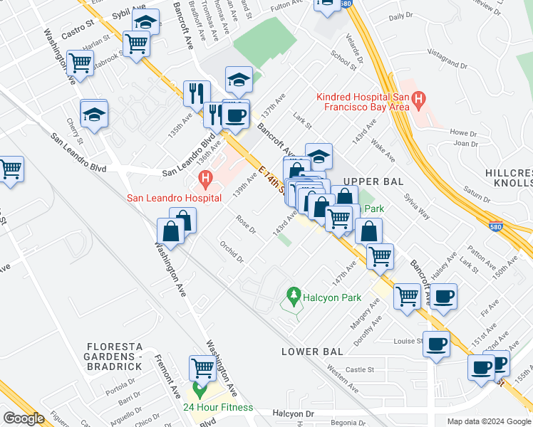 map of restaurants, bars, coffee shops, grocery stores, and more near 1231 141st Avenue in San Leandro