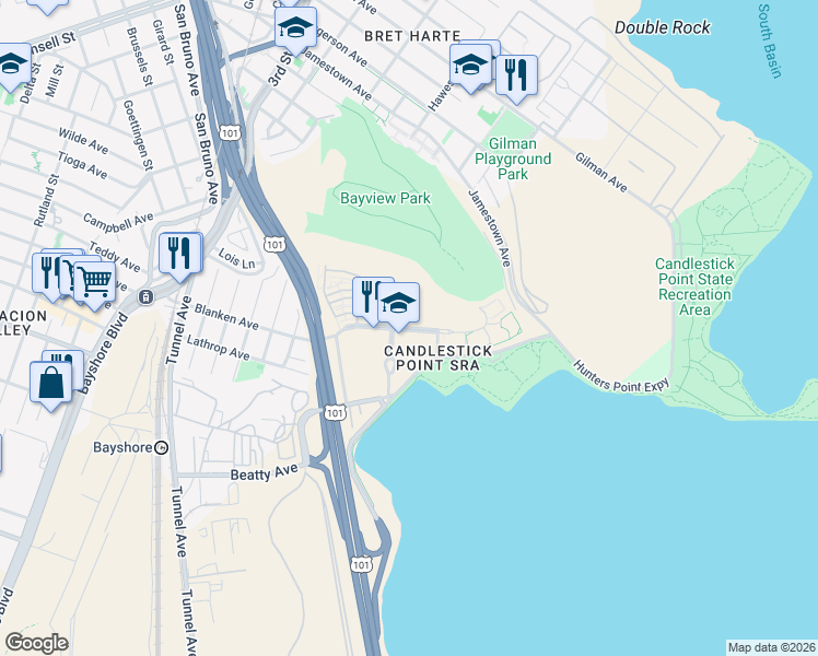 map of restaurants, bars, coffee shops, grocery stores, and more near 301 Executive Park Boulevard in San Francisco