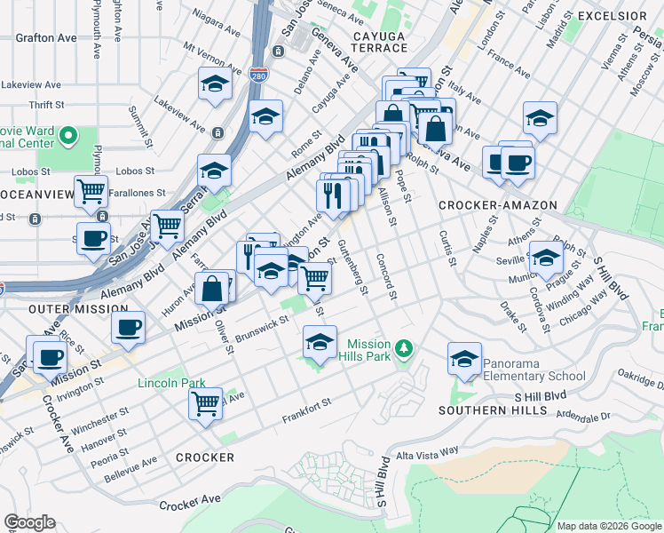 map of restaurants, bars, coffee shops, grocery stores, and more near 644 Morse Street in San Francisco