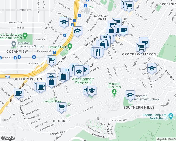 map of restaurants, bars, coffee shops, grocery stores, and more near in San Francisco