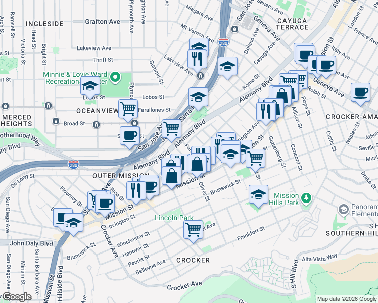 map of restaurants, bars, coffee shops, grocery stores, and more near 124 Farragut Avenue in San Francisco