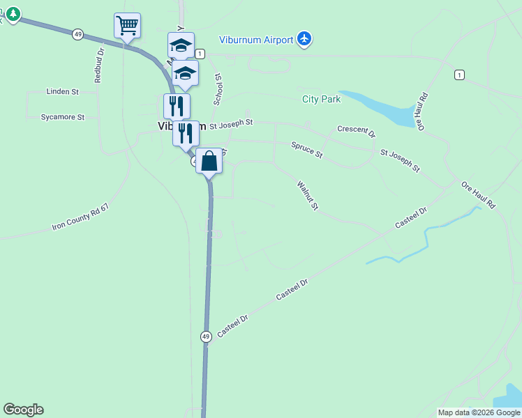 map of restaurants, bars, coffee shops, grocery stores, and more near 15 Maple Street in Viburnum