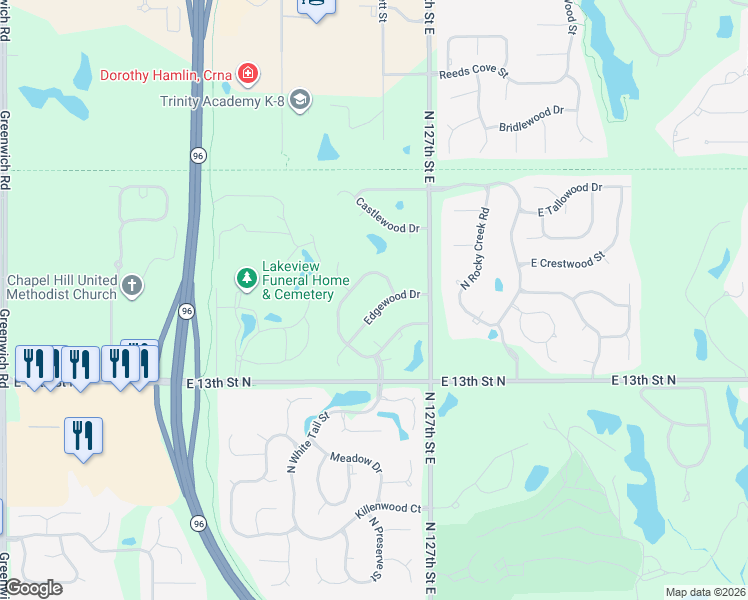map of restaurants, bars, coffee shops, grocery stores, and more near 1626 North Woodridge Drive in Wichita