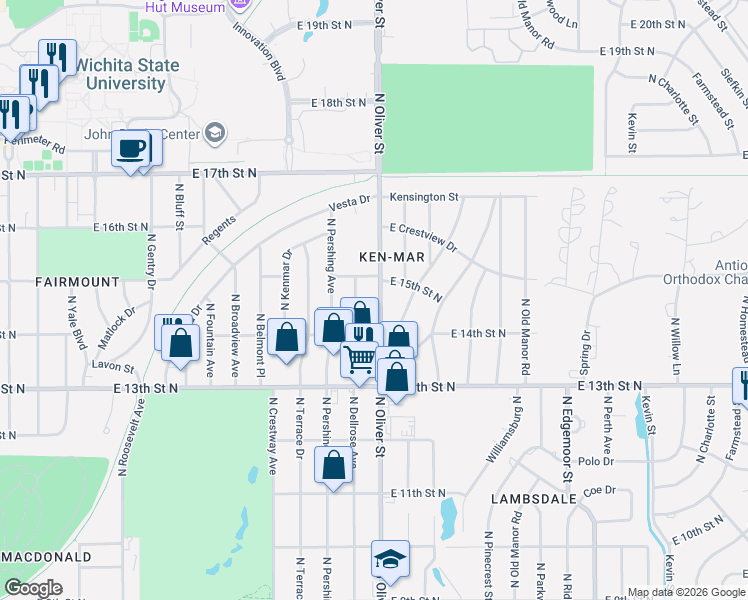 map of restaurants, bars, coffee shops, grocery stores, and more near 1557 North Oliver Street in Wichita