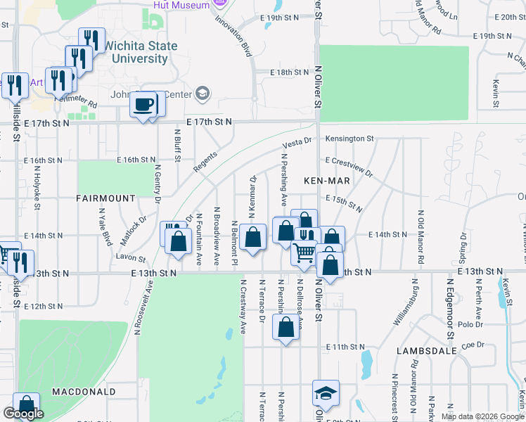 map of restaurants, bars, coffee shops, grocery stores, and more near 1545 North Terrace Drive in Wichita