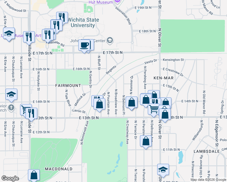 map of restaurants, bars, coffee shops, grocery stores, and more near 1551 North Broadview Avenue in Wichita