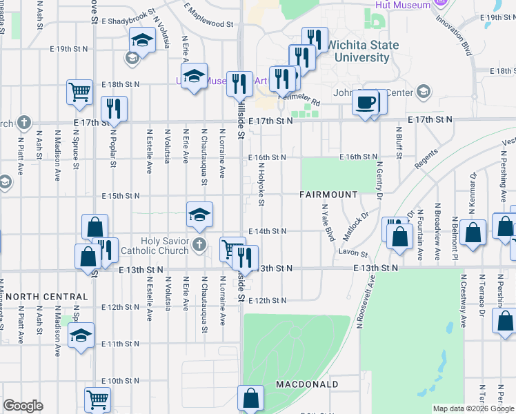map of restaurants, bars, coffee shops, grocery stores, and more near 1548 North Holyoke Street in Wichita