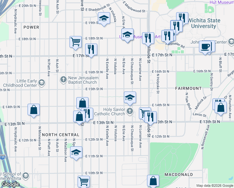 map of restaurants, bars, coffee shops, grocery stores, and more near 1552 Volutsia in Wichita