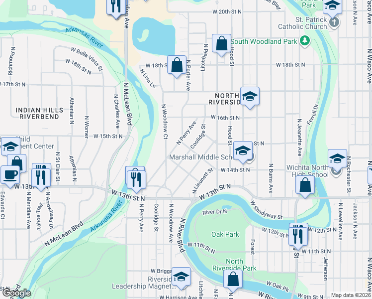 map of restaurants, bars, coffee shops, grocery stores, and more near 1501 Coolidge Street in Wichita