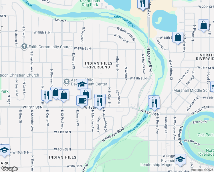 map of restaurants, bars, coffee shops, grocery stores, and more near 1555 North Saint Clair Street in Wichita