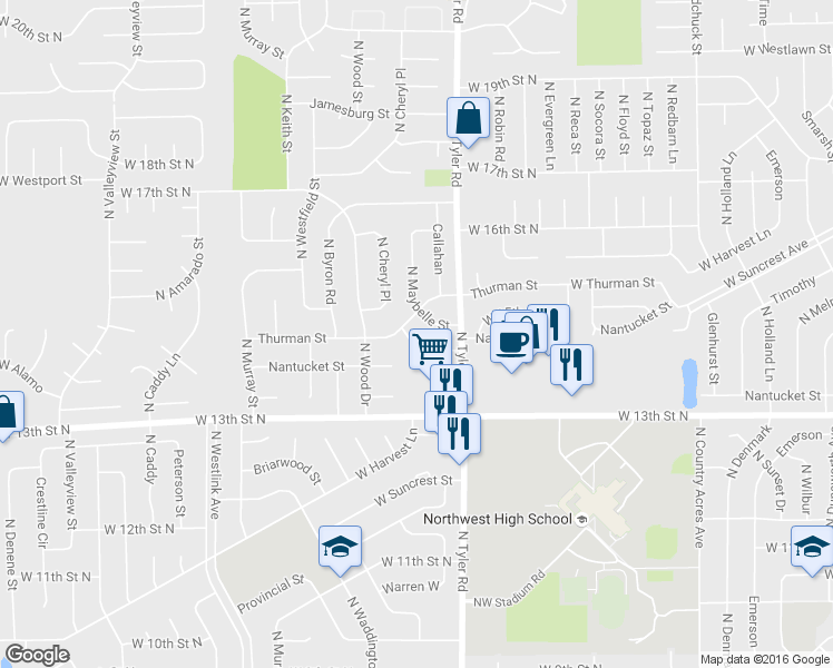 map of restaurants, bars, coffee shops, grocery stores, and more near 1525 North Maybelle Street in Wichita