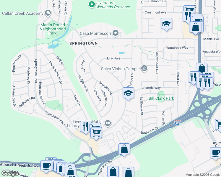map of restaurants, bars, coffee shops, grocery stores, and more near 1265 Marigold Road in Livermore