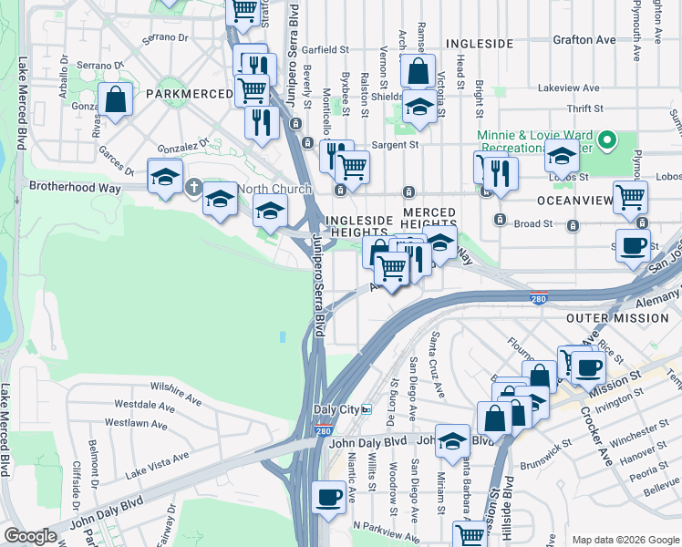 map of restaurants, bars, coffee shops, grocery stores, and more near 256 Chester Avenue in San Francisco