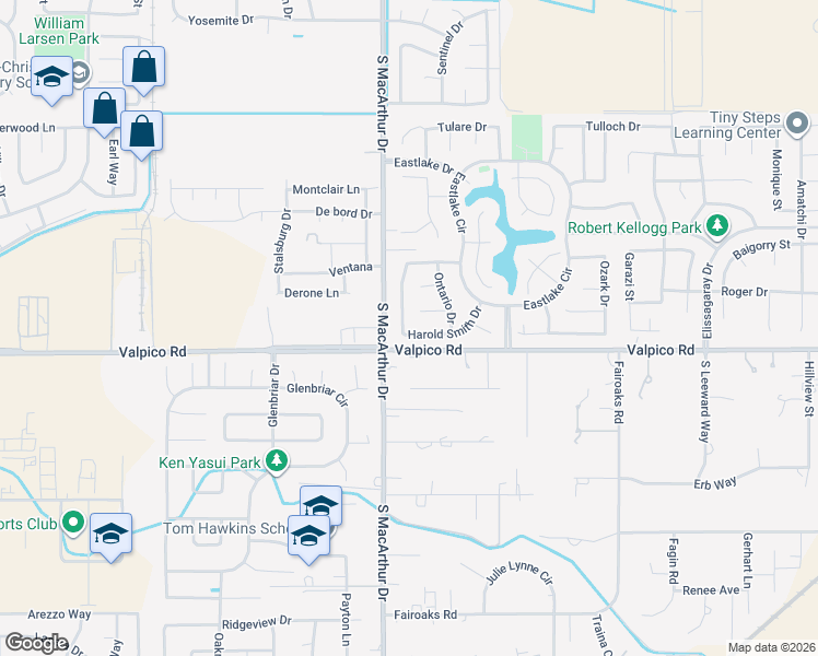 map of restaurants, bars, coffee shops, grocery stores, and more near 2689 Almanor Drive in Tracy