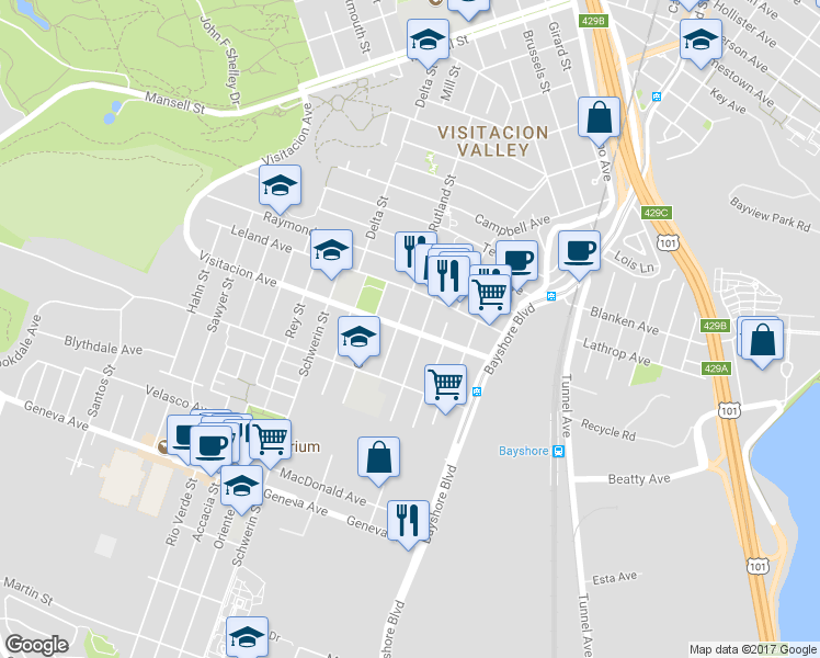 map of restaurants, bars, coffee shops, grocery stores, and more near 826 Visitacion Ave in San Francisco