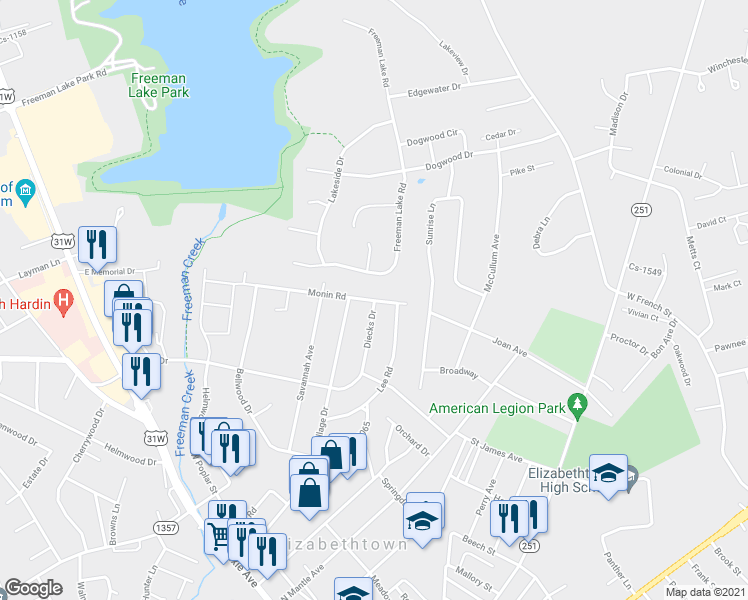 map of restaurants, bars, coffee shops, grocery stores, and more near 701 Monin Road in Elizabethtown