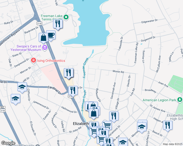 map of restaurants, bars, coffee shops, grocery stores, and more near 100 Claysville Landing Road in Elizabethtown
