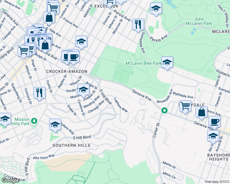 map of restaurants, bars, coffee shops, grocery stores, and more near 792 Rolph Street in San Francisco