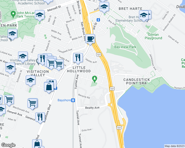 map of restaurants, bars, coffee shops, grocery stores, and more near 300 Blanken Avenue in San Francisco