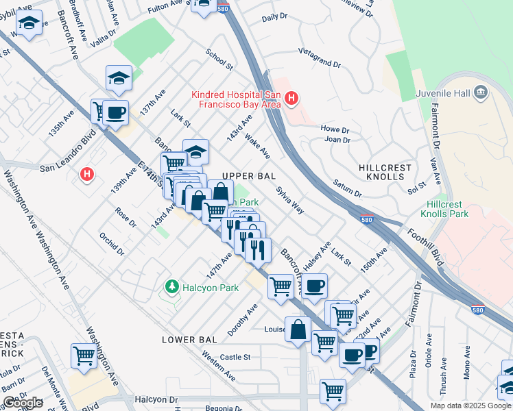 map of restaurants, bars, coffee shops, grocery stores, and more near 1565 146th Ave in San Leandro