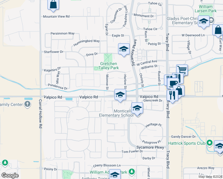 map of restaurants, bars, coffee shops, grocery stores, and more near 1431 Hepburn Street in Tracy