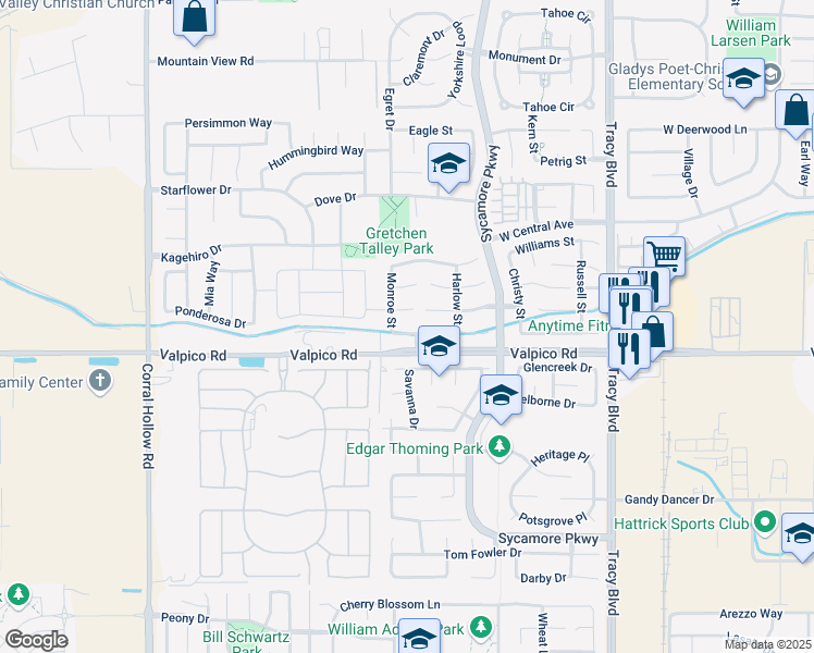 map of restaurants, bars, coffee shops, grocery stores, and more near 1431 Hepburn Street in Tracy