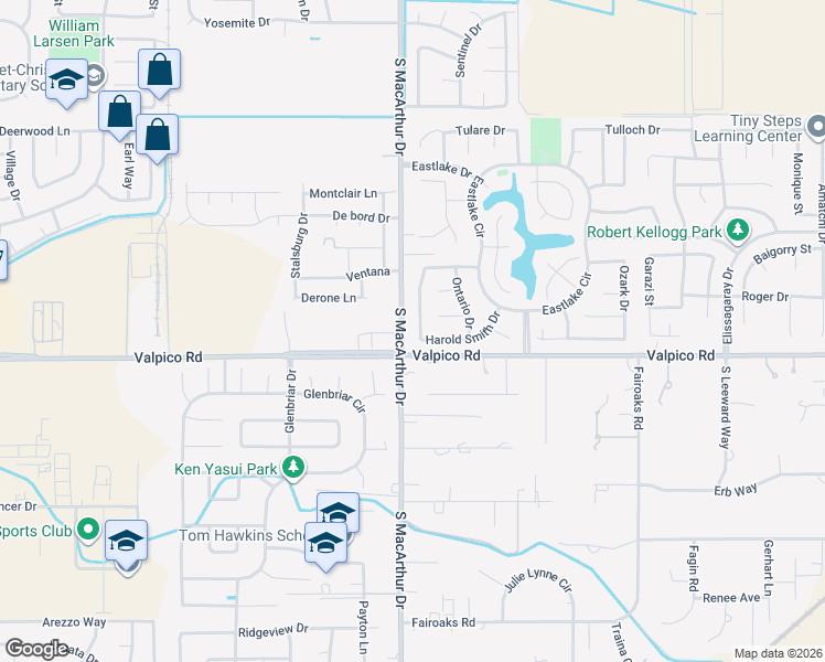 map of restaurants, bars, coffee shops, grocery stores, and more near 2709 Almanor Drive in Tracy