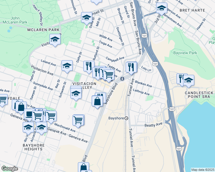 map of restaurants, bars, coffee shops, grocery stores, and more near 35 Leland Avenue in San Francisco