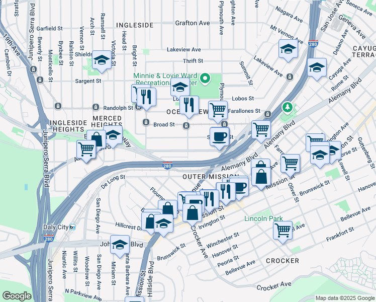 map of restaurants, bars, coffee shops, grocery stores, and more near Sagamore Street & Capitol Avenue in San Francisco