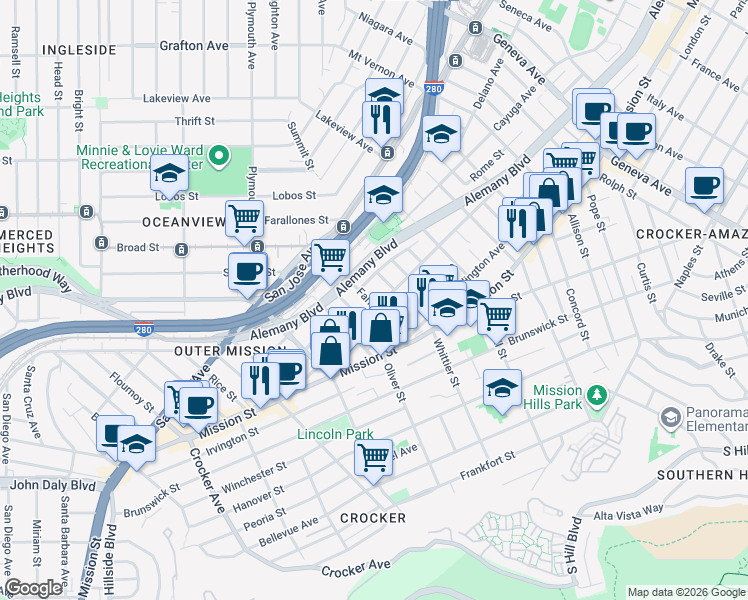 map of restaurants, bars, coffee shops, grocery stores, and more near 124 Farragut Avenue in San Francisco