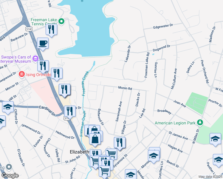 map of restaurants, bars, coffee shops, grocery stores, and more near 9108 Monin Road in Elizabethtown
