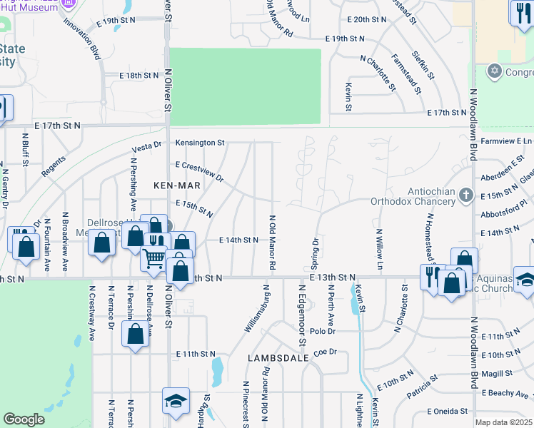 map of restaurants, bars, coffee shops, grocery stores, and more near 1546 North Pinecrest Street in Wichita