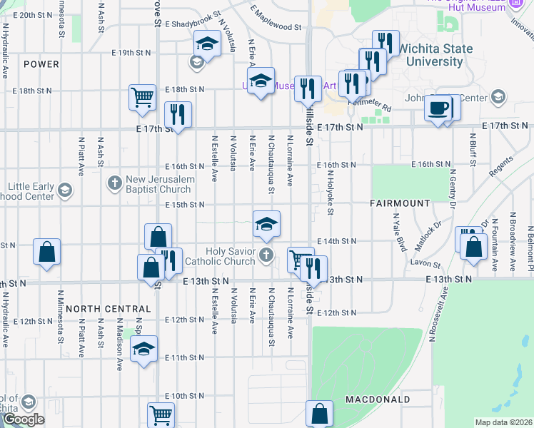 map of restaurants, bars, coffee shops, grocery stores, and more near 1552 North Erie Street in Wichita