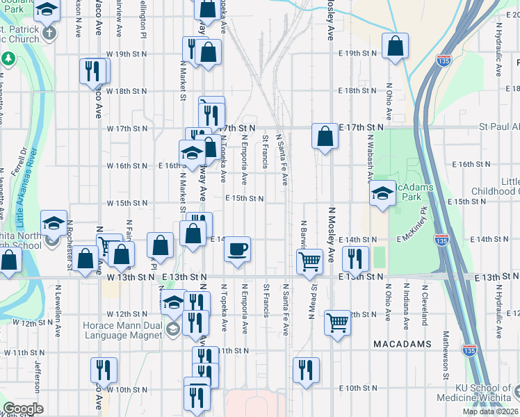 map of restaurants, bars, coffee shops, grocery stores, and more near 1541 Saint Francis in Wichita