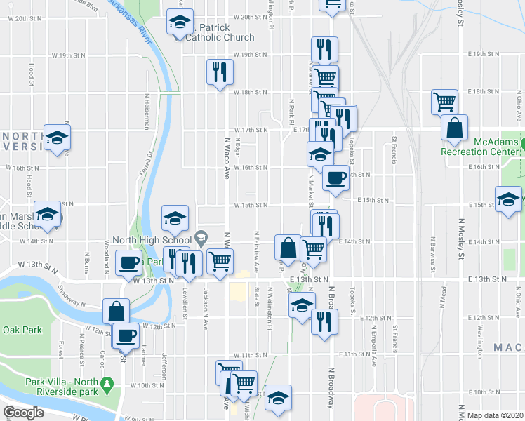 map of restaurants, bars, coffee shops, grocery stores, and more near 1557 North Park Place in Wichita
