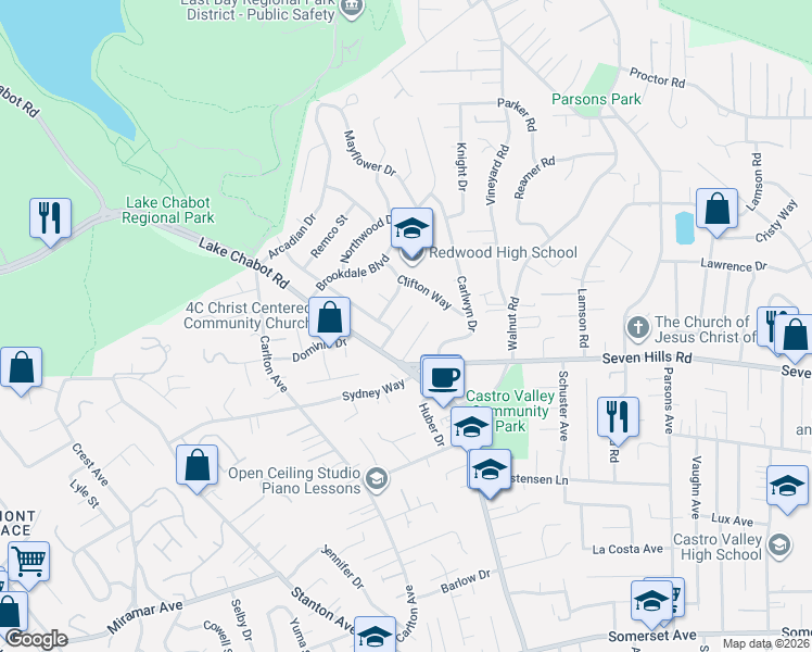 map of restaurants, bars, coffee shops, grocery stores, and more near 3472 Middleton Avenue in Castro Valley