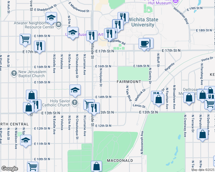 map of restaurants, bars, coffee shops, grocery stores, and more near 1547 Fairmount Street in Wichita