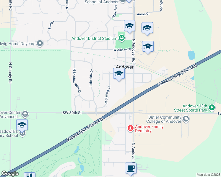 map of restaurants, bars, coffee shops, grocery stores, and more near 1430 North Glancey Street in Andover