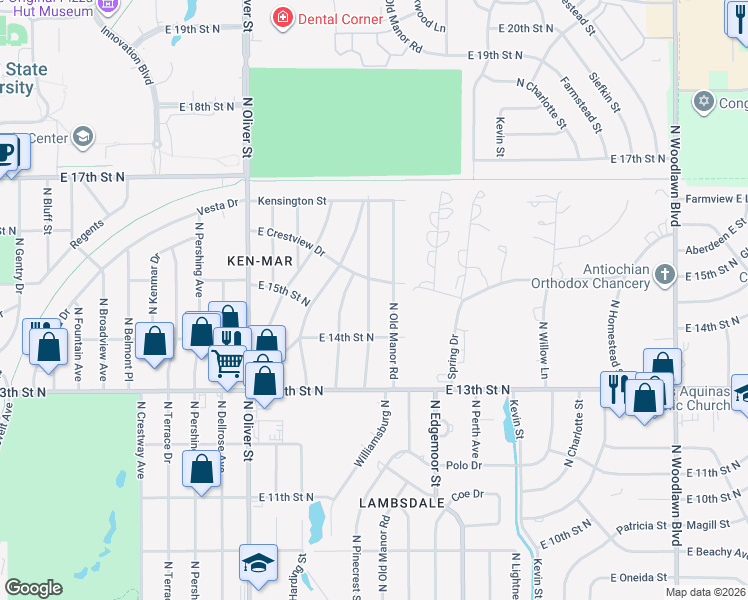 map of restaurants, bars, coffee shops, grocery stores, and more near 1546 North Pinecrest Street in Wichita