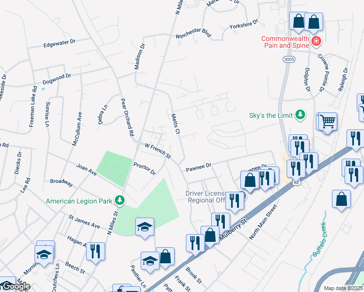 map of restaurants, bars, coffee shops, grocery stores, and more near 255 Metts Court in Elizabethtown