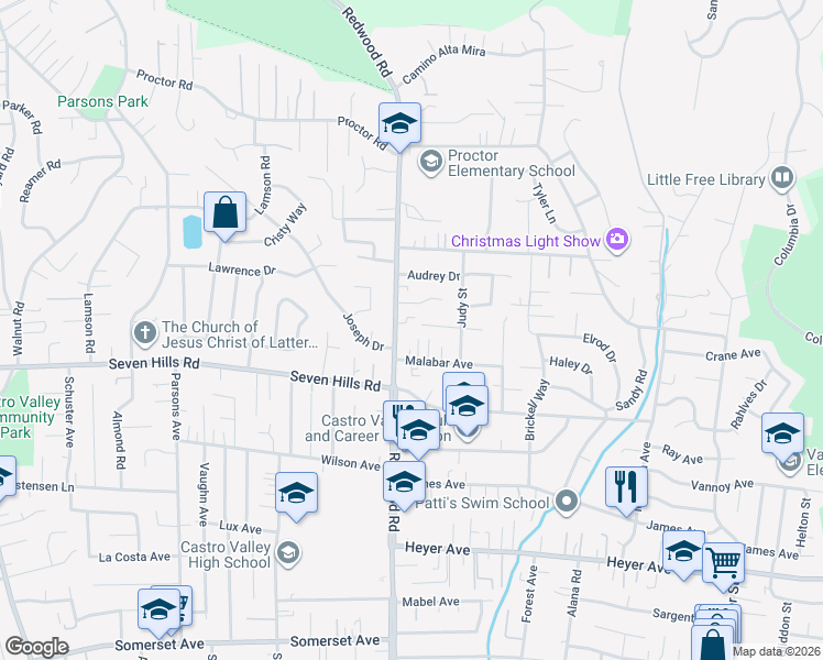 map of restaurants, bars, coffee shops, grocery stores, and more near 18338 Redwood Road in Castro Valley