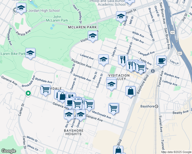 map of restaurants, bars, coffee shops, grocery stores, and more near 161 Rey Street in San Francisco