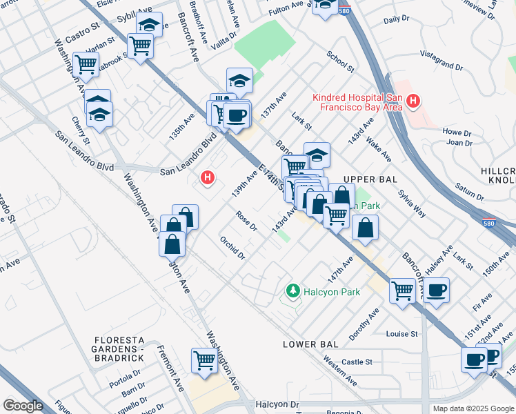 map of restaurants, bars, coffee shops, grocery stores, and more near 1231 141st Avenue in San Leandro
